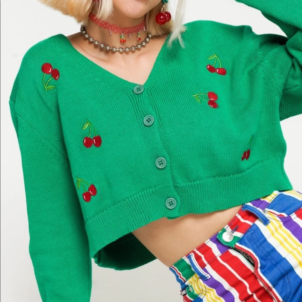 Cherry Girl Green Crop Cardigan